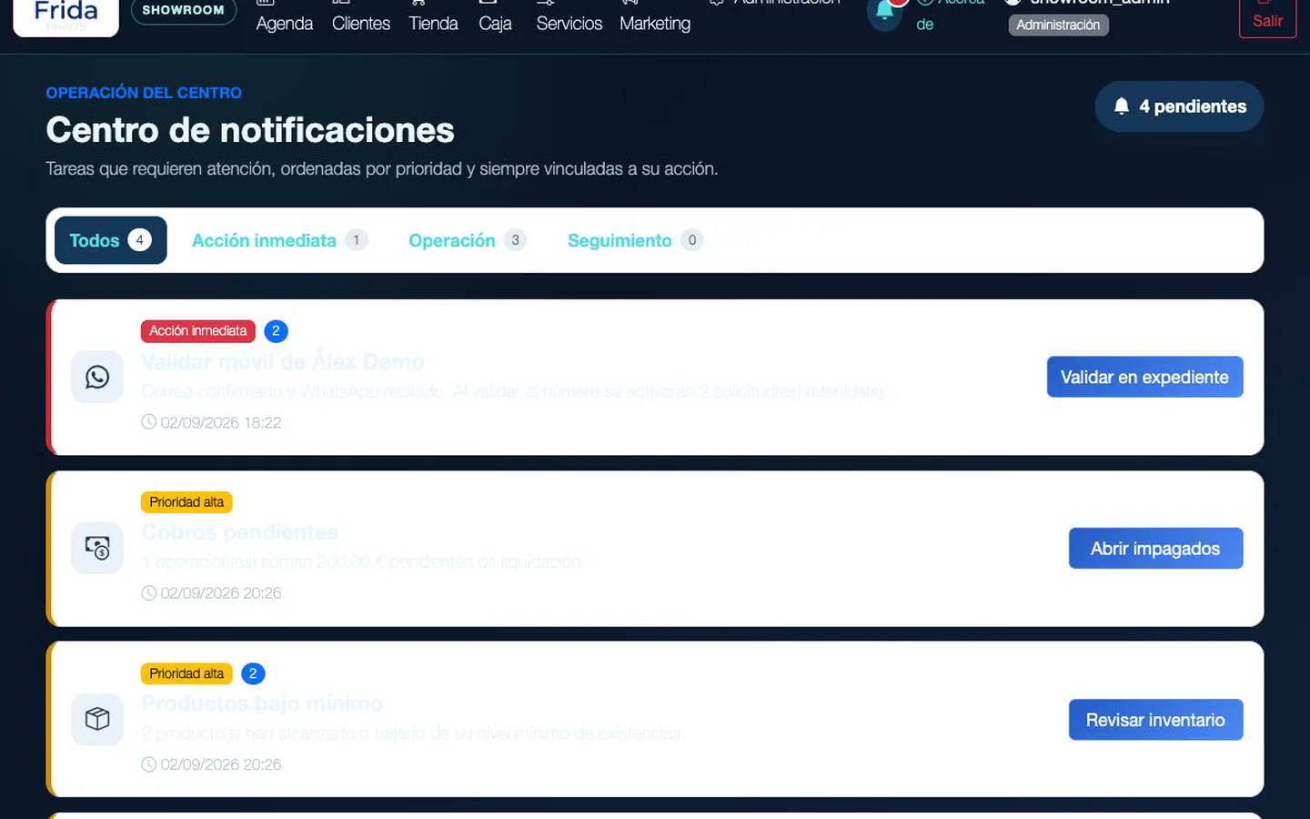 Centro de notificaciones de FRIDA con tareas ordenadas por prioridad