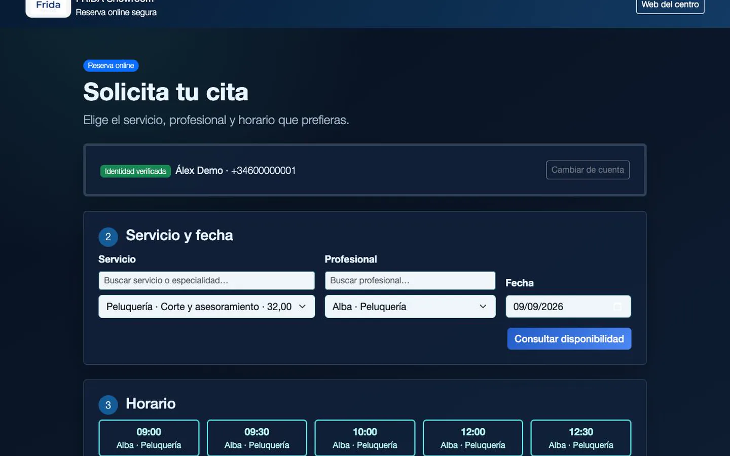 Reserva online de FRIDA con servicio, profesional y horas disponibles